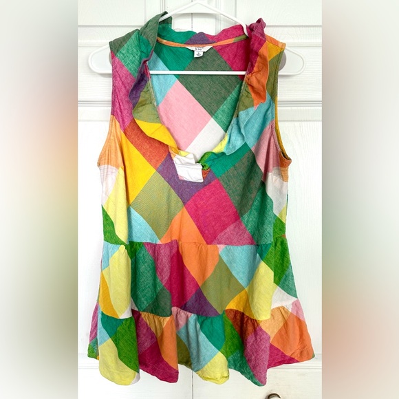 Crown & Ivy Linen Blend Colorful Patchwork Ruffle Sleeveless Top-Size L - Picture 7 of 7
